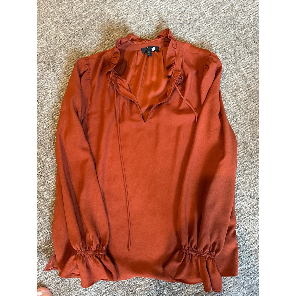 J.Crew Womens XS Rust Orange Ruffle Neck Tie Satin Blouse Smocked Cuff Top - Picture 1 of 3